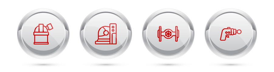 Set line Astronomical observatory, Astronaut helmet, Cosmic ship and Ray gun. Silver circle button. Vector