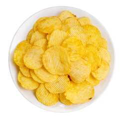 Top View Snack Potato chips,Potato chips on white plate on white background, Fried Potato chips on...