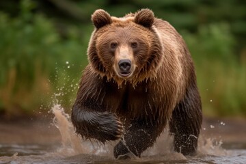 Plakat Large brown bear running through shallow water looking for fish. High quality photo