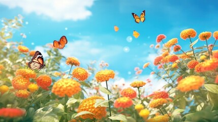 Obraz na płótnie Canvas Bright colorful summer spring flower border. Natural landscape with many orange lantana flowers and fluttering butterflies Lycaena phlaeas against blue sky on sunny day