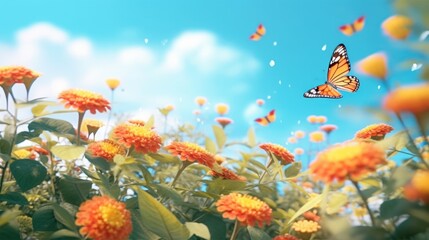 Fototapeta na wymiar Bright colorful summer spring flower border. Natural landscape with many orange lantana flowers and fluttering butterflies Lycaena phlaeas against blue sky on sunny day