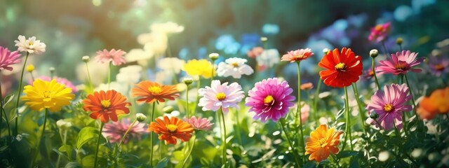 Colorful beautiful multicolored flowers Zinnia spring summer in Sunny garden in sunlight on nature outdoors. Ultra wide banner format