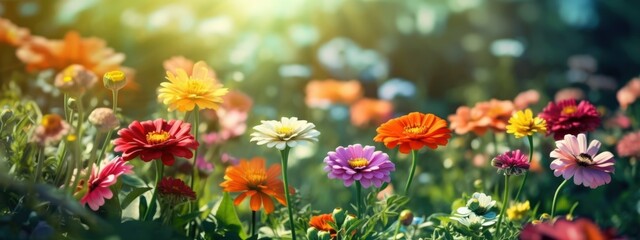Colorful beautiful multicolored flowers Zinnia spring summer in Sunny garden in sunlight on nature outdoors. Ultra wide banner format