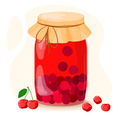 Cherry compote in a glass decanter. Drinking from homemade fruits. Berries for a healthy summer drink. Vector illustration in a flat style.