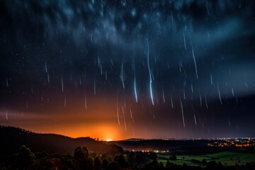Some meteors rain from the sky through clouds. Meteor shower during sunset. Amazing view