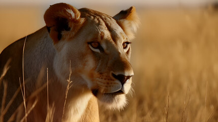Strong lioness in Africa. Generative AI