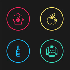 Set line Bottle of wine, Sweater, Apple and Scarecrow icon. Vector