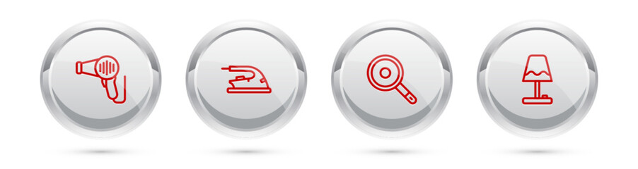 Set line Hair dryer, Electric iron, Frying pan and Table lamp. Silver circle button. Vector
