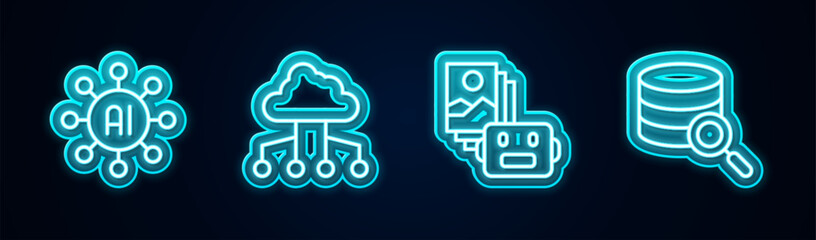 Fototapeta premium Set line Neural network, Network cloud connection, Artificial intelligence robot and Server. Glowing neon icon. Vector