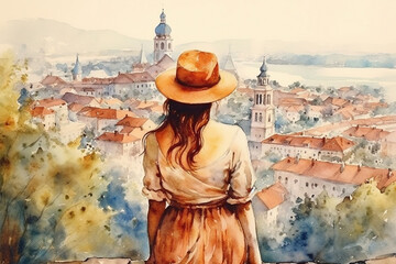 Illustration  in a watercolor style. Beautiful girl in dress and hat  looking down at beautiful  town from the hill. Viewed from behind. Travel and  relax. Generative AI.