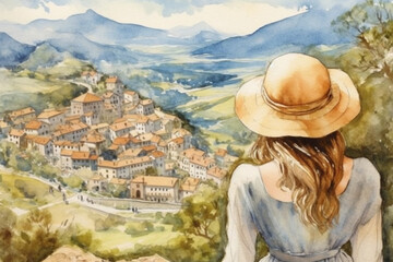 Fototapeta premium Illustration in a watercolor style. Beautiful girl in dress and hat looking down at beautiful village landscape from the hill. Viewed from behind. Travel and relax. Generative AI.
