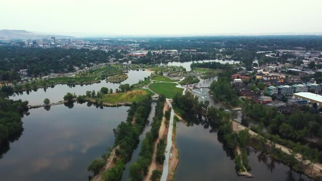 Aerial Above Boise Cascade Lake Near Esther Simplot Park By The Boise River In Idaho, USA.