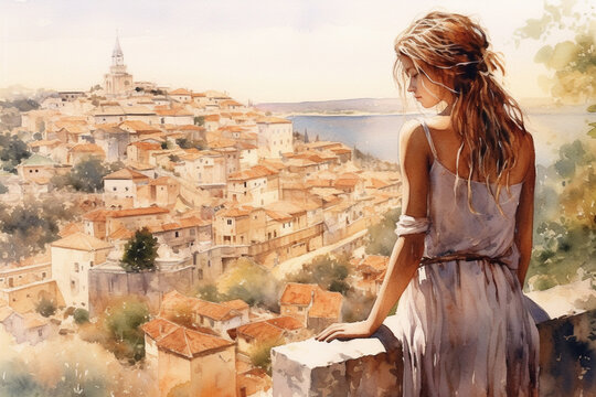 Illustration  in a watercolor style. Beautiful girl in dress looking down at beautiful town from viewing platform. Profile view. Travel and  foot walk. Generative AI.