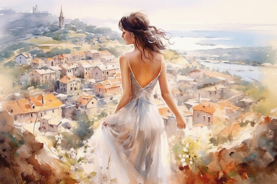 Illustration  in a watercolor style. Beautiful girl in dress looking down at beautiful town from viewing platform. Profile view. Travel and  foot walk. Generative AI.