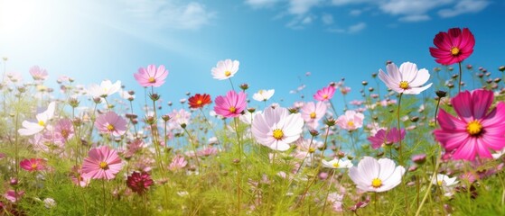 Multicolored cosmos flowers in meadow in spring summer nature against blue sky. Selective soft focus. - obrazy, fototapety, plakaty