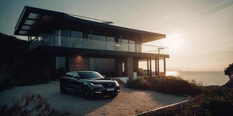 Luxurious house with panoramic windows on the seashore, an expensive car is standing nearby. generated ai