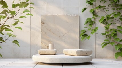 Original template for spa product presentation. Pedestal of marble slabs and branches with green leaves against background of wall in bathroom with masonry in light beige colors