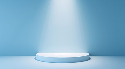 Podium of an interesting shape against a light blue wall with beautiful backlighting. Trendy background for presentation