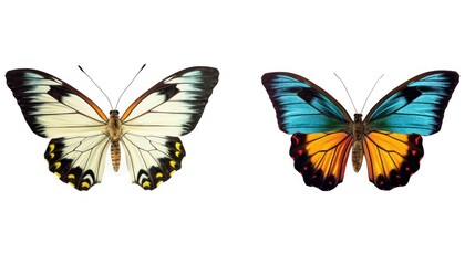 Fototapeta na wymiar Set two beautiful colorful bright multicolored tropical butterflies with wings spread and in flight isolated on white background, close up macro