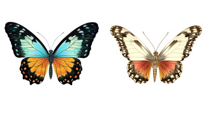 Fototapeta na wymiar Set two beautiful colorful bright multicolored tropical butterflies with wings spread and in flight isolated on white background, close up macro