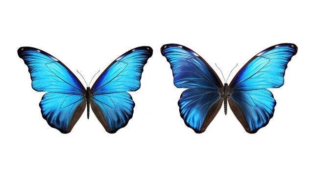 Set two beautiful blue tropical butterflies with wings spread and in flight isolated on white background, close up macro