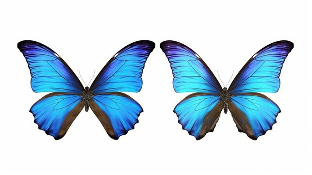 Set two beautiful blue tropical butterflies with wings spread and in flight isolated on white background, close up macro