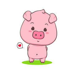 Obraz na płótnie Canvas Cute happy pig cartoon character standing with hands on back. Adorable animal concept design. Isolated white background. Vector art illustration.