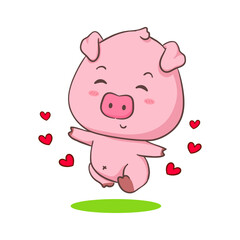 Cute happy pig cartoon character with love heart around. Adorable animal concept design. Isolated white background. Vector art illustration.
