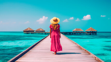 Woman in pink on a tropical beach jetty. Generative AI