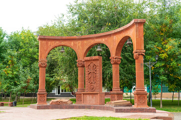 Astrakhan, Russia. Worship cross Khachkar. Square 