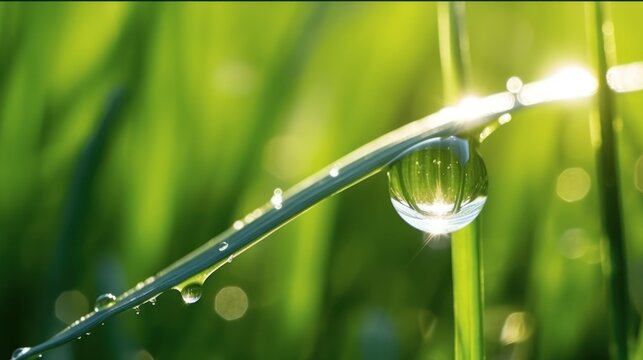 A beautiful large drop of morning dew in the grass sparkles in the rays of sunlight outdoors in nature. A drop of water on a blade of grass and free space for text