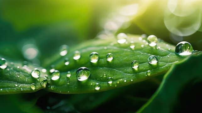 Beautiful water drops after rain on green leaf in sunlight, macro. Many droplets of morning dew outdoor, beautiful round bokeh, selective focus. Amazing artistic image of purity and fresh of nature