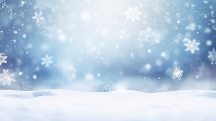 Naklejka premium Festive Christmas natural snowy background, abstract empty stage, snow, snowdrift and defocused Christmas lights on light blue background, copy space