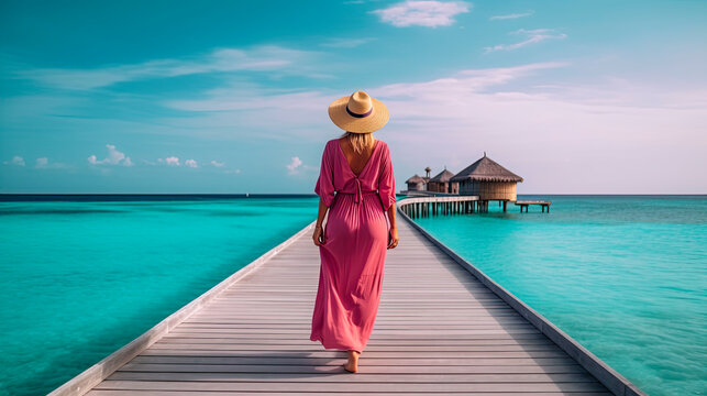 Woman in pink on a tropical beach jetty. Generative AI