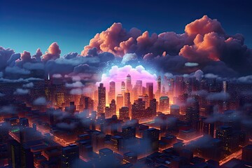 cloud technology 3d animation image in cloud, in the style of neon-lit urban, cityscape background