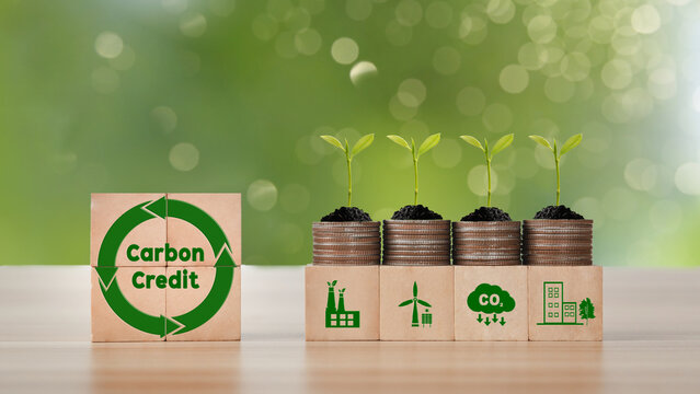 Carbon credit and Carbon neutral balancing CO2 emission offset  concept. Legal regulation to reduce greenhouse gas emission and atmosphere air pollution. Net zero greenhouse gas emissions target.