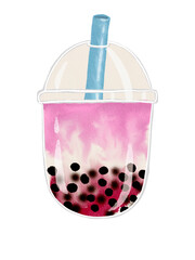 Watercolor Painting of Bubble Strawberry Milk Drink