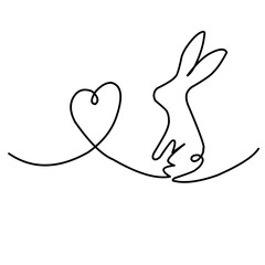 One line Happy Easter holiday decoration drawing, Continuous linear art rabbit and easter eggs, vector illustration