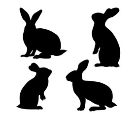 Collection silhouettes bunny. Vector illustration. Isolated hand drawings farm animals on white background for design.