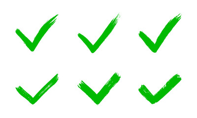 Dirty grunge hand drawn tick v with brush strokes vector illustration set isolated on white background graphic design. Check mark symbol YES button for vote in check box, web, etc.