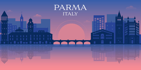 Italy, Parma skyline, city Parma, Regio Emilia. Parma cityscape with famous landmarks, city sights, landscape.