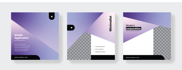 Business social media layout, colorful trendy design, diagonal layered shapes, square editable templates with copy space and place for photos, modern vector banners, digital marketing, black