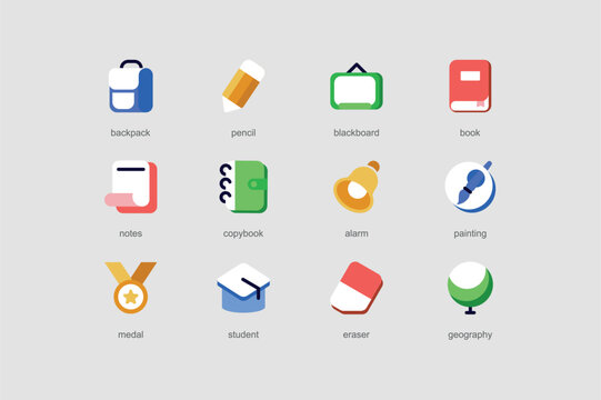 Education of web icons set in flat design. Pack of backpack, pencil, blackboard, book, notes, copybook, alarm, painting, medal, student, eraser and other. Vector pictograms for mobile app interface