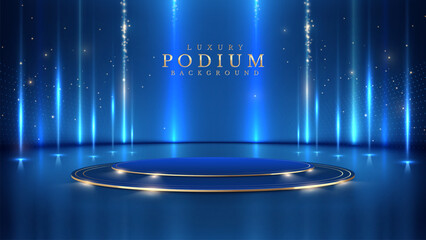 Empty podium golden on blue background with light neon effects with bokeh decorations. Luxury scene design concept. Vector illustrations.