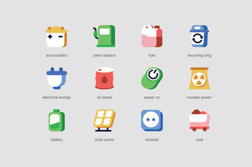 Power and energy of web icons set in flat design. Pack of accumulator, petrol station, recycling bin, oil barrel, battery, solar panel, socket and other. Vector pictograms for mobile app interface