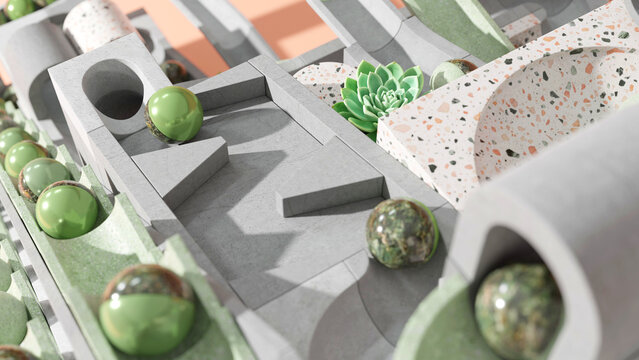 Closeup of a marble run sculpture made in concrete and terrazzo. Marble machine with chill vibes. 3D rendering