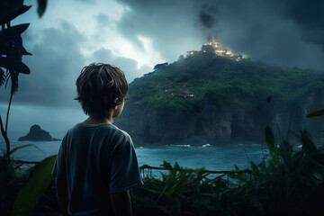 Fototapeta premium A boy in Mystical island Burning House. Mountain and river in background. Highlights the moody atmosphere. Generative AI