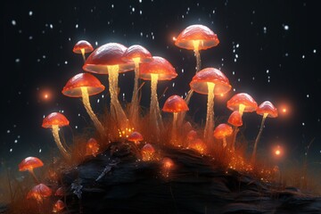 3d glowing, shining, fantasy mushrooms on dark background. AI generated 