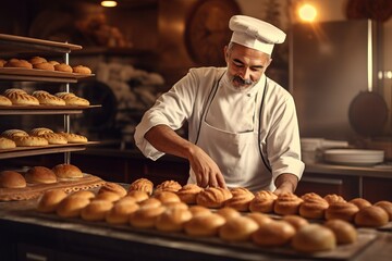 Portrait chef with bread in bakery AI Generative