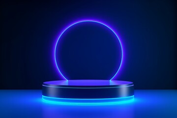 Step into the Future: A Sci-Fi Showcase with Abstract Shiny Blue Cylinder Pedestal Podium and Glowing Neon Lamp Lighting, Generative AI.
